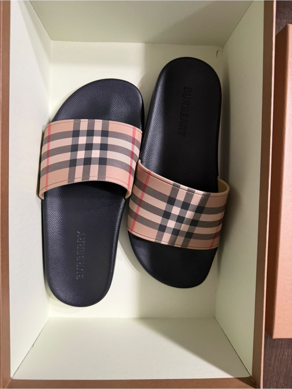 Burberry Black Sandals with Beige Vintage Check Strap